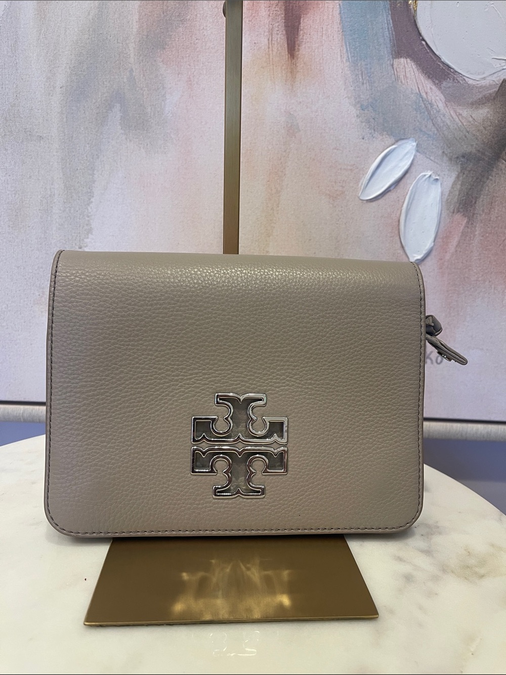 Tory Burch Pebbled Leather Crossbody in Taupe Gray